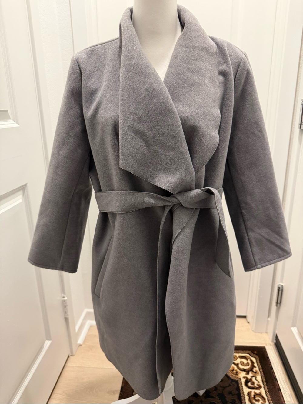 Forever 21 Gray Waterfall Belted Wrap Coat Women’s Large Open Front Jacket